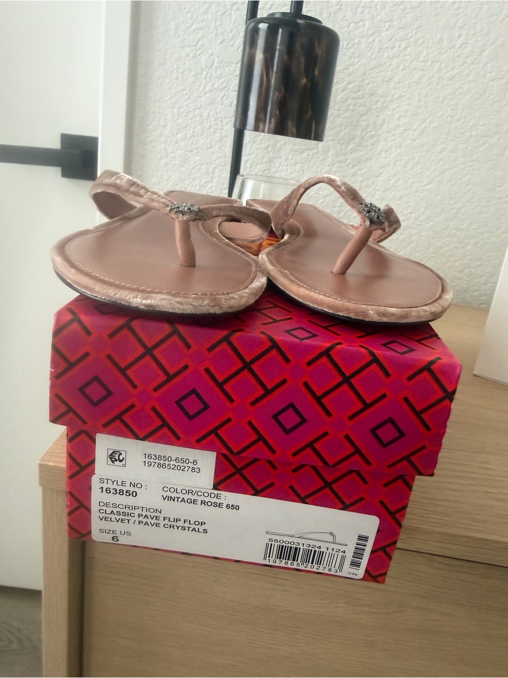 Tory Burch Vintage Rose Velvet Flip Flop Sandals with Pavé Crystal